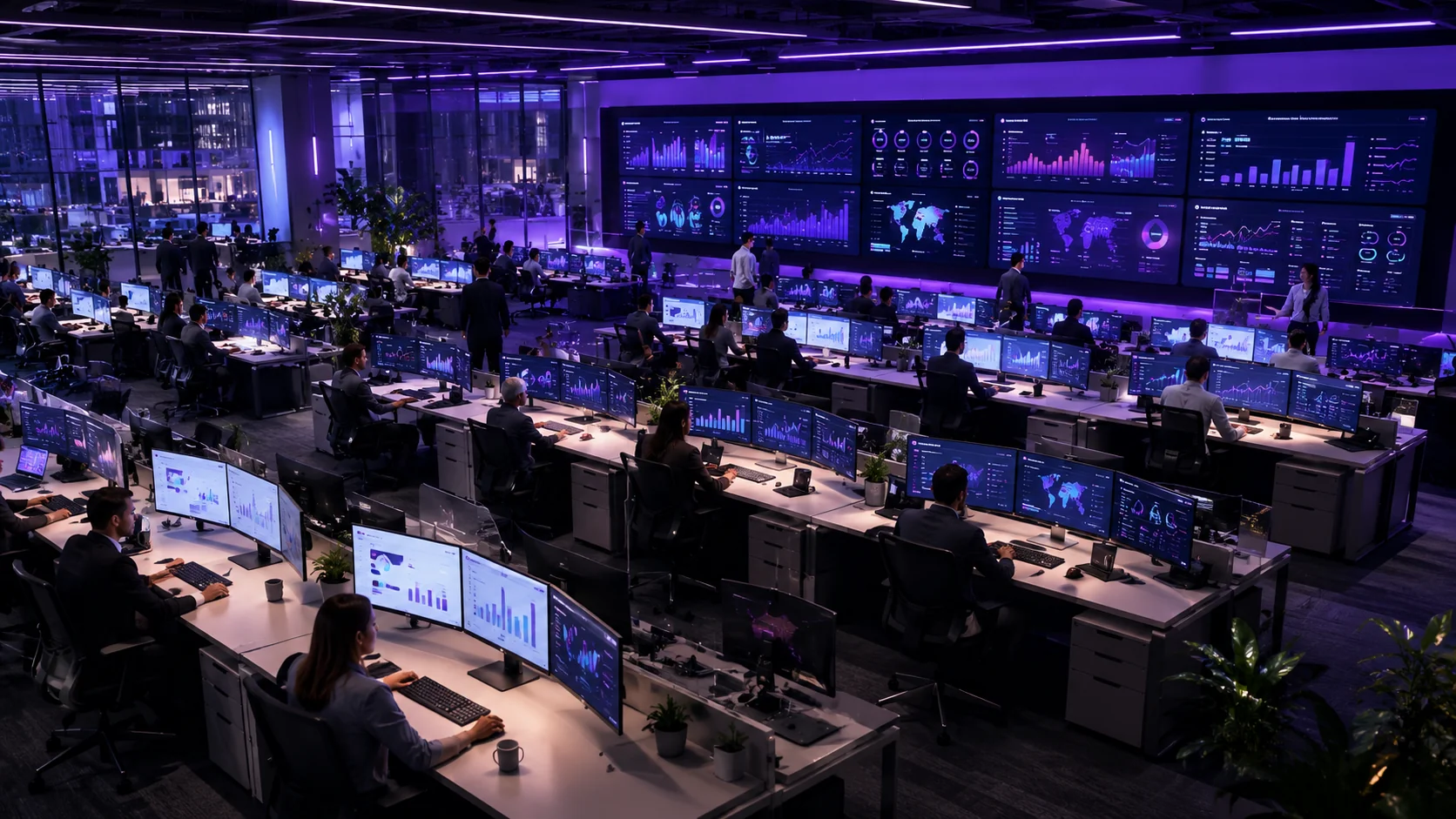 Enterprise sales floor with team analytics dashboards showing emotional presence metrics across distributed teams