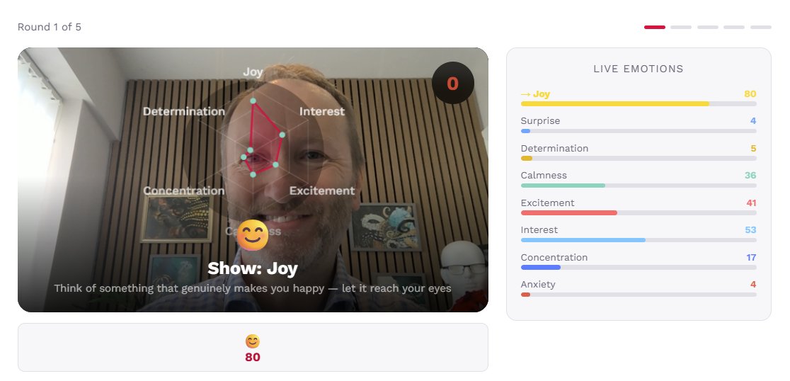EchoDepth Face Trainer showing live webcam emotion capture with real-time scoring across joy, surprise, determination, calmness, excitement, interest, concentration and anxiety — no additional hardware required