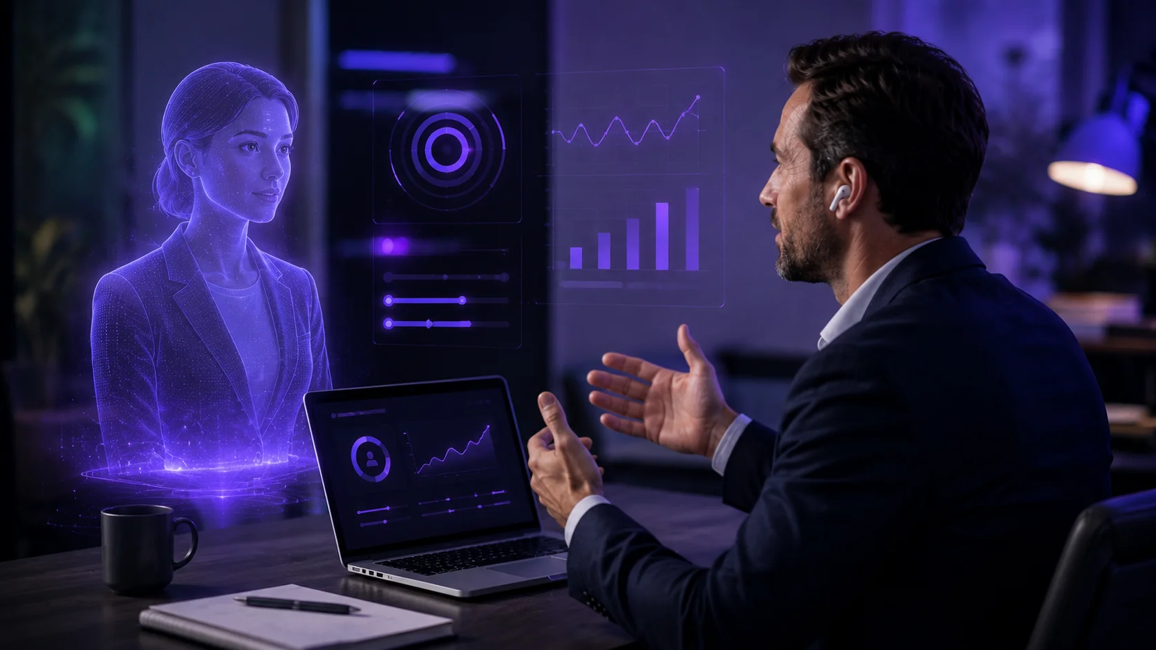 AI-assisted sales coaching concept with holographic training visualization