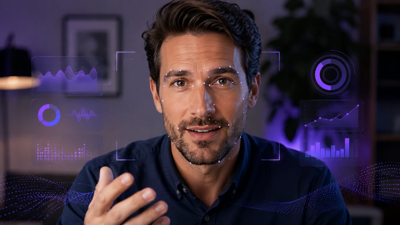 Close-up of confident professional on video call with subtle emotion detection visualization