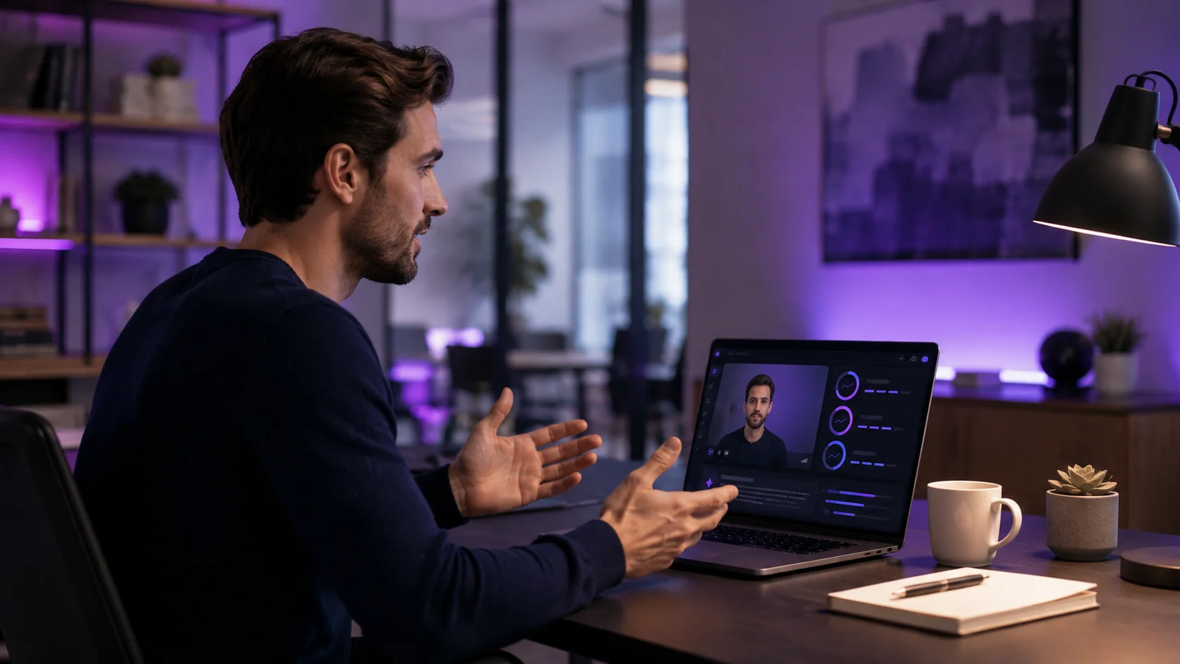 Sales professional practicing pitch with laptop showing real-time feedback interface