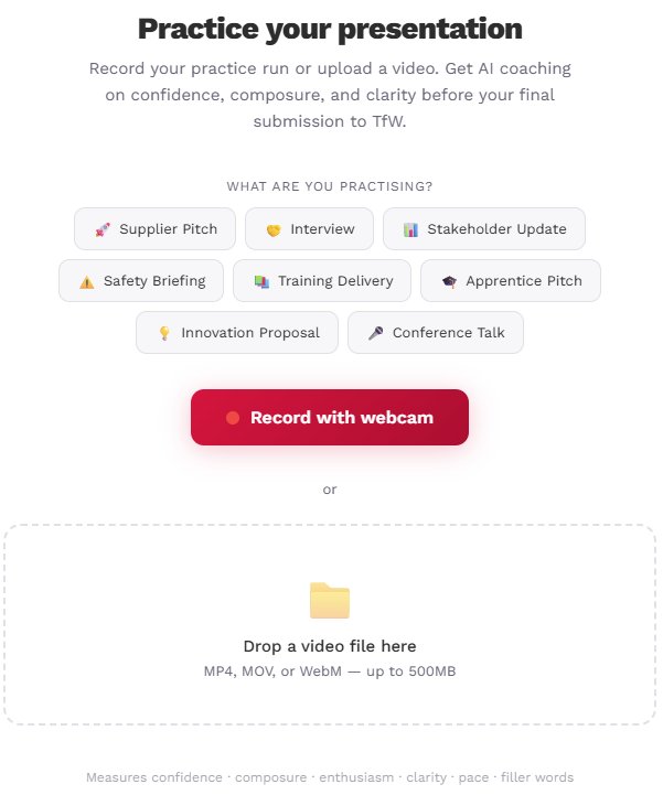 EchoDepth presentation practice launcher showing scenario selection including supplier pitch, interview, stakeholder update, safety briefing, training delivery, apprentice pitch, innovation proposal and conference talk — with webcam recording and video upload options