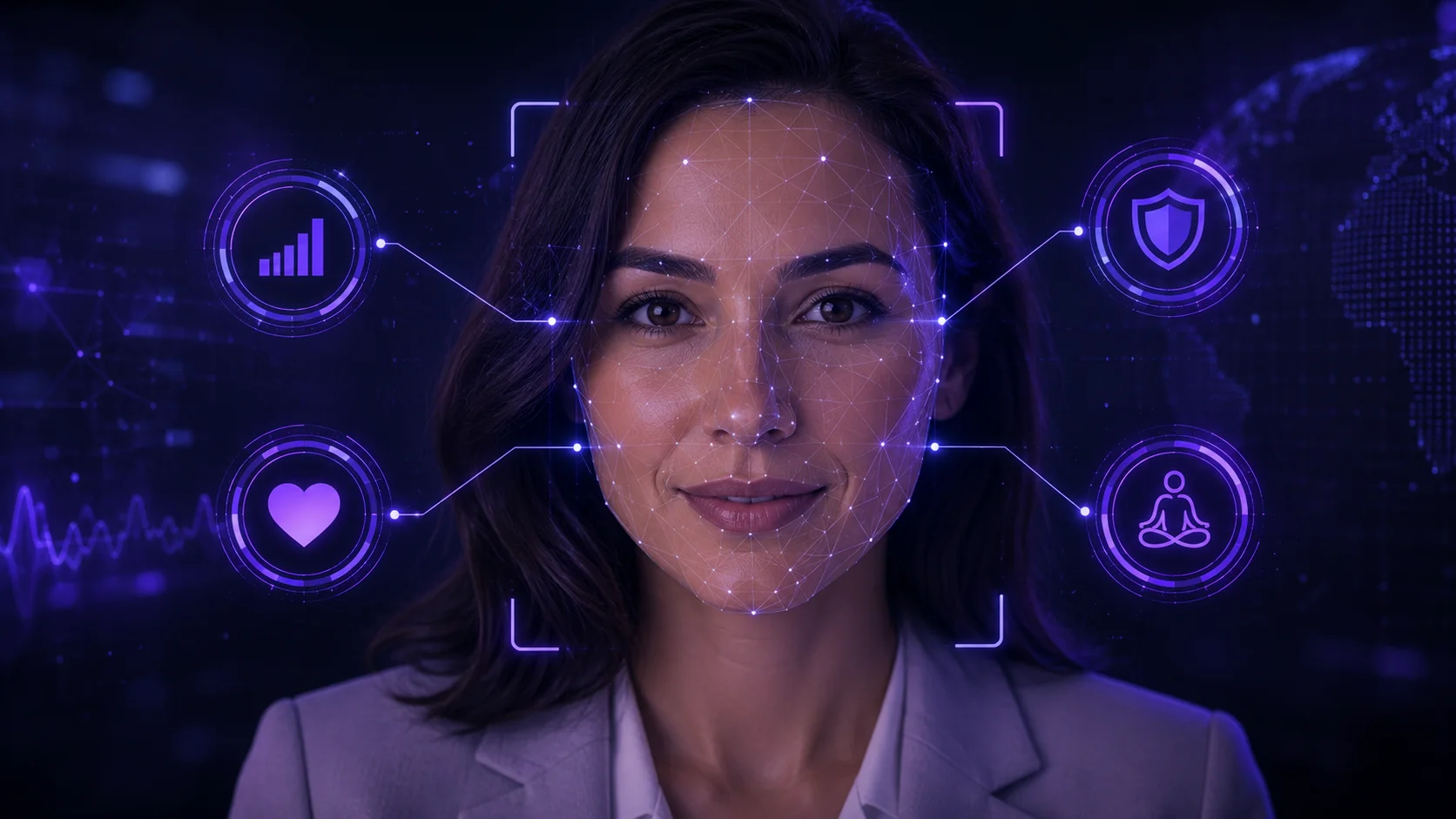 AI facial analysis visualization showing wireframe mesh overlay with emotional presence data points