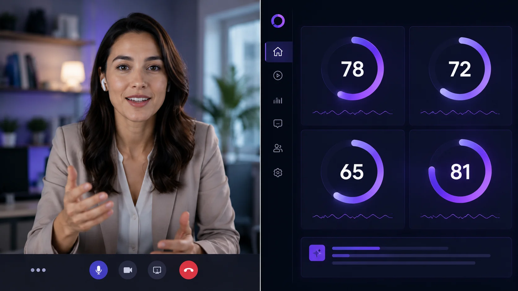Sales training software interface showing split-screen practice session with real-time emotional presence scoring